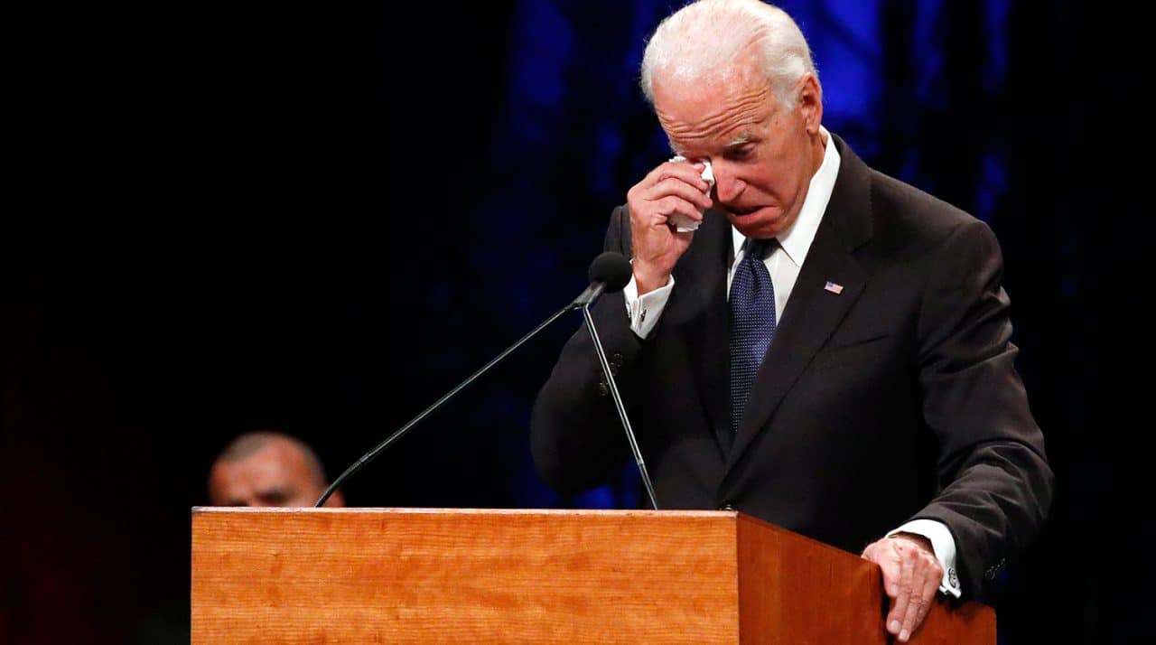 Former Vice President Joe Biden wipes a tear away while giving a tribute during memorial service at North Phoenix Baptist Church for Sen. John McCain, R-Ariz., on Thursday, Aug. 30, 2018, in Phoenix. (AP Photo/Jae C. Hong)